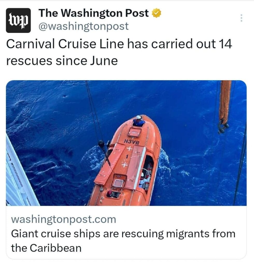 Cruceros de Carnival han efectuado 5 rescates de balseros en 2023 y 14 en menos de un año
