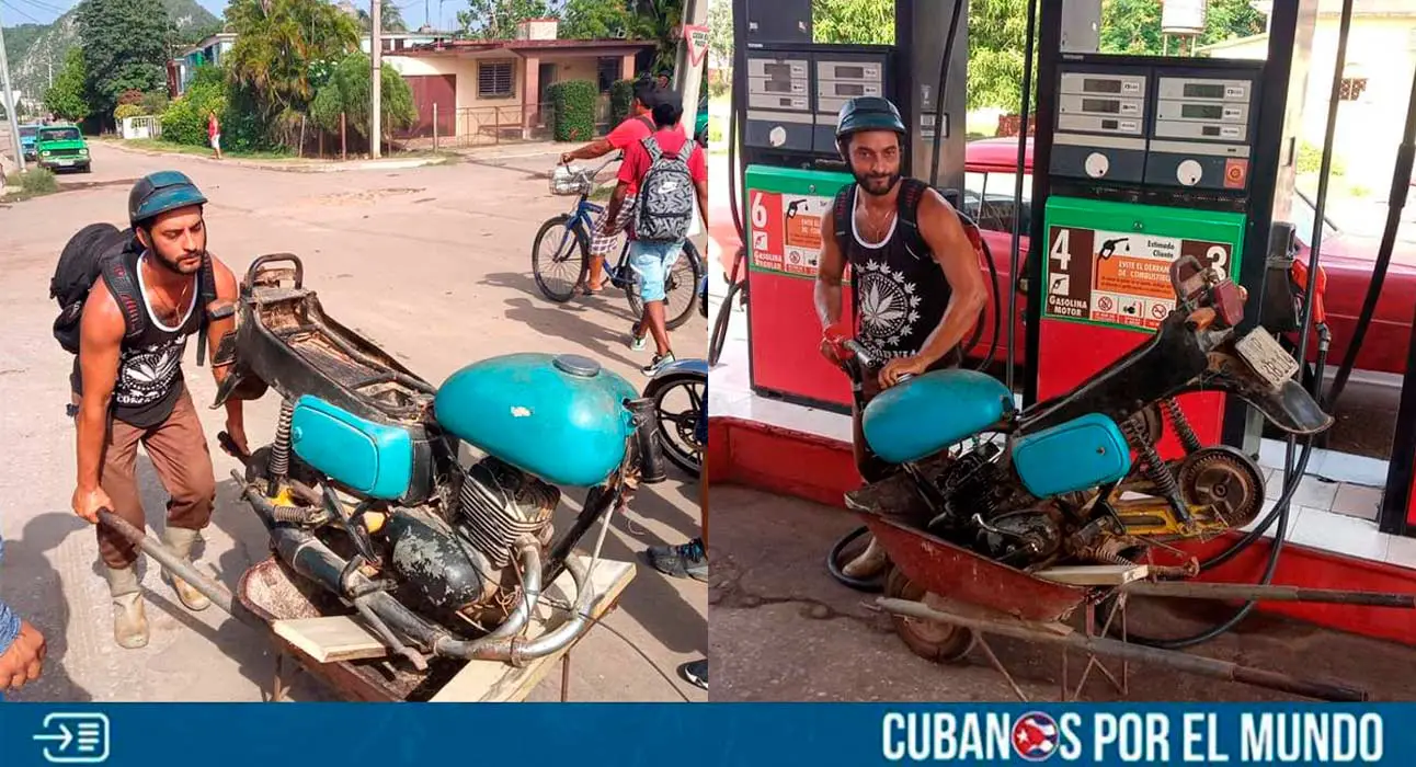 Insólito: Cubano lleva su moto desarmada en una carretilla para echar gasolina (+FOTOS)