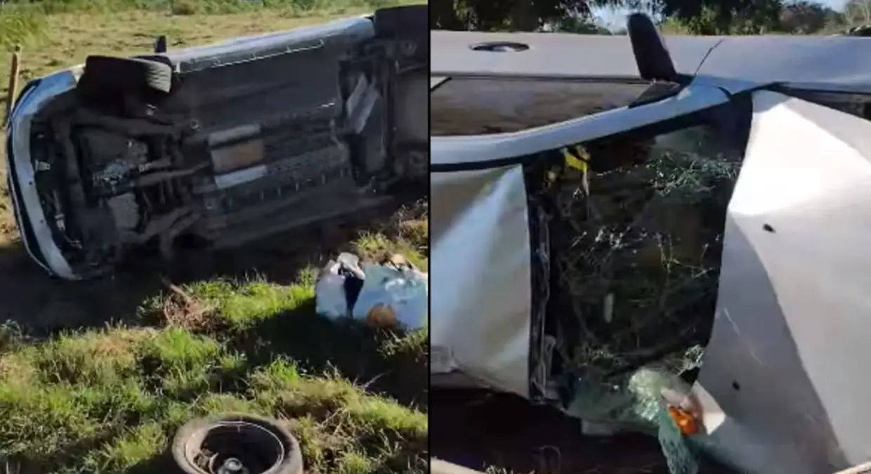 Aparatoso accidente en la Carretera Central deja destrozado un auto de turismo