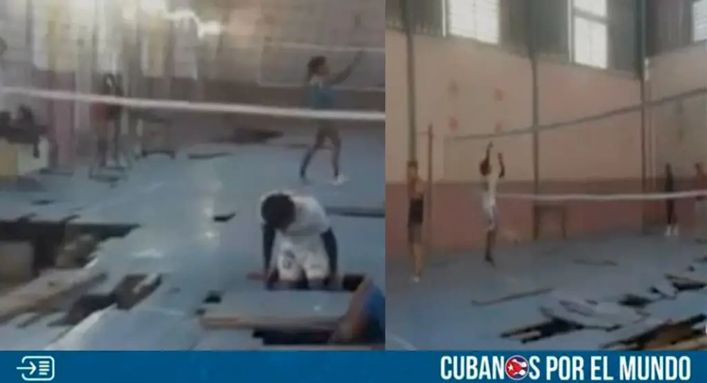 El estado del tabloncillo de una cancha de voleibol en Cuba evidencia el deterioro progresivo que presenta el deporte en la isla, al punto que pareciera que estuviera en el territorio de Gaza, por lo destruido que se encuentra.