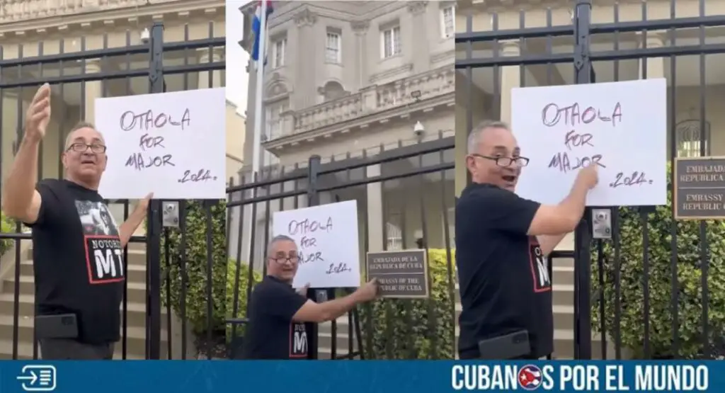 Un cartel en apoyo a la campaña de Alex Otaola fue plantado en la embajada de la dictadura castrista en Washington.