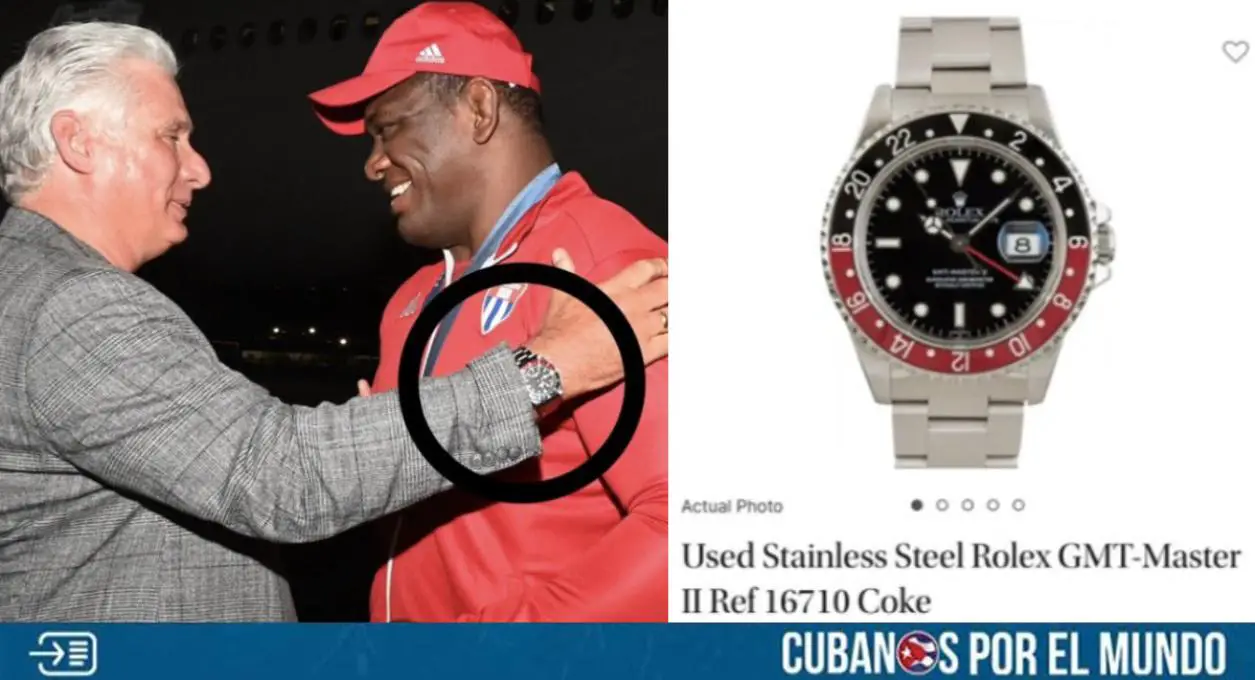 El dictador cubano, Miguel Mario Díaz-Canel Bermúdez, demostró una vez más su doble moral, la que caracteriza a la mayoría de los comunistas, al lucir un reloj Rolex durante el recibimiento al represor Mijaín López.
