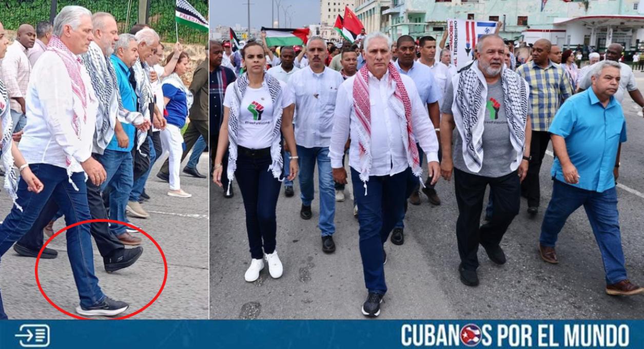 El puesto a dedo de Cuba, Miguel Díaz-Canel, y el primer ministro castrista, Manuel Marrero, fieles a su doble moral, marcharon en La Habana en favor de Palestina, pero usando zapatos de marcas estadounidenses que cuestan cientos de dólares y que un cubano de a pie no puede comprar con un salario mínimo dentro de la isla.