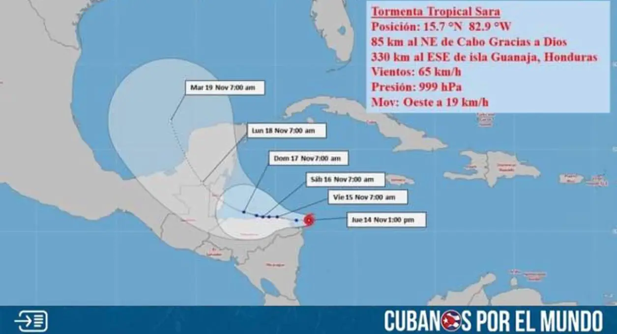 El Instituto de Meteorología (INSMET) de Cuba informó que la depresión tropical diecinueve se fortaleció en organización e intensidad y se convirtió en la tormenta tropical Sara.