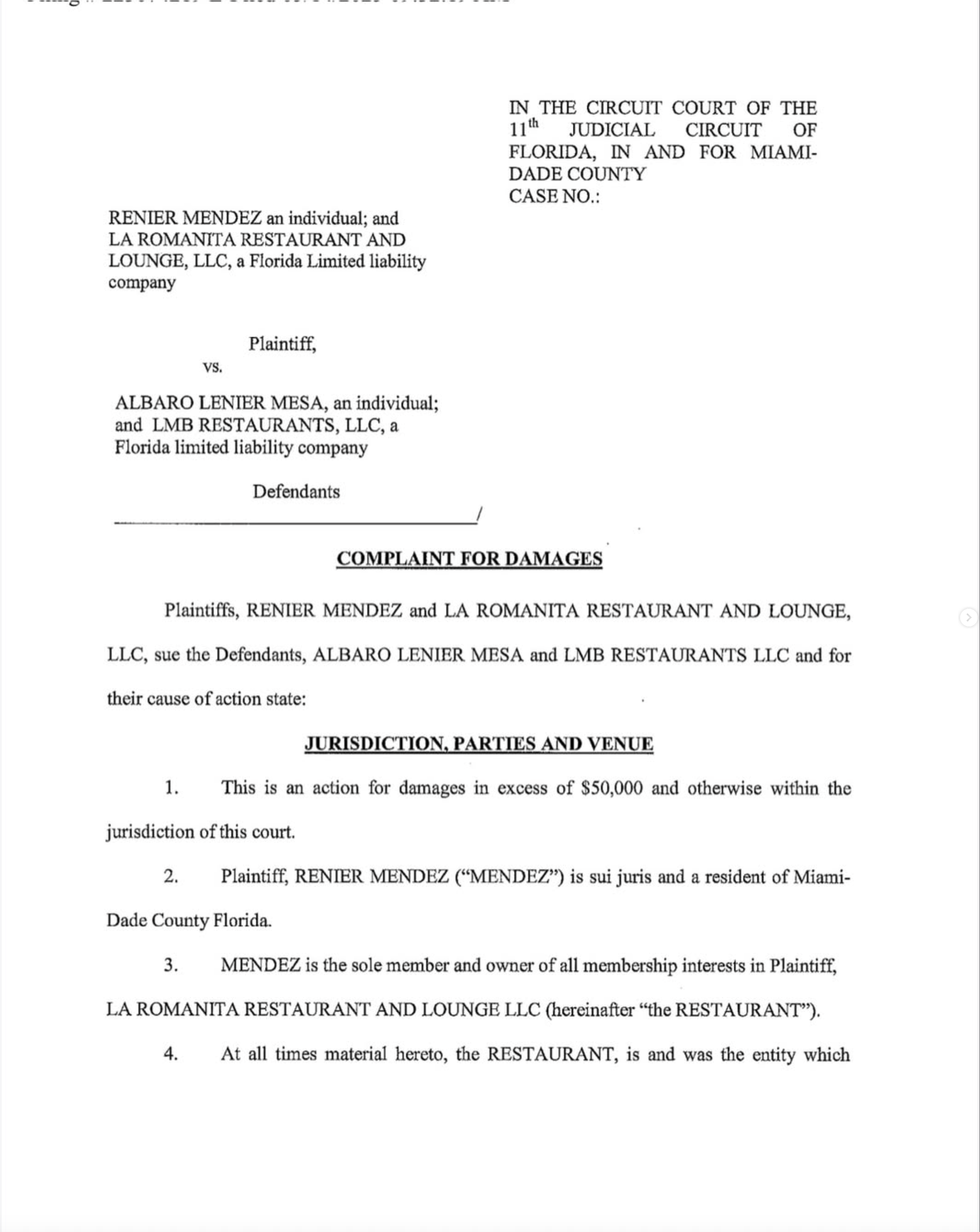 Documento de la corte de Miami-Dade de la demanda contra Lenier Mesa