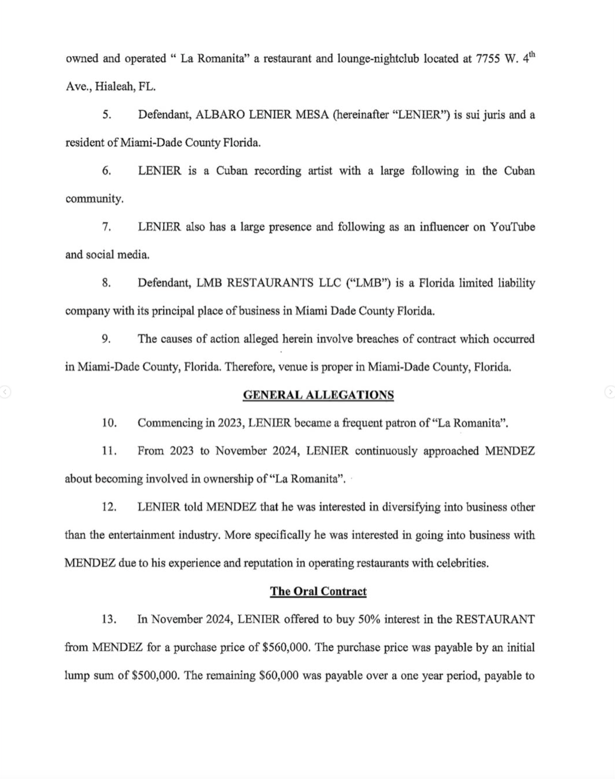 Documento de la corte de Miami-Dade de la demanda contra Lenier Mesa
