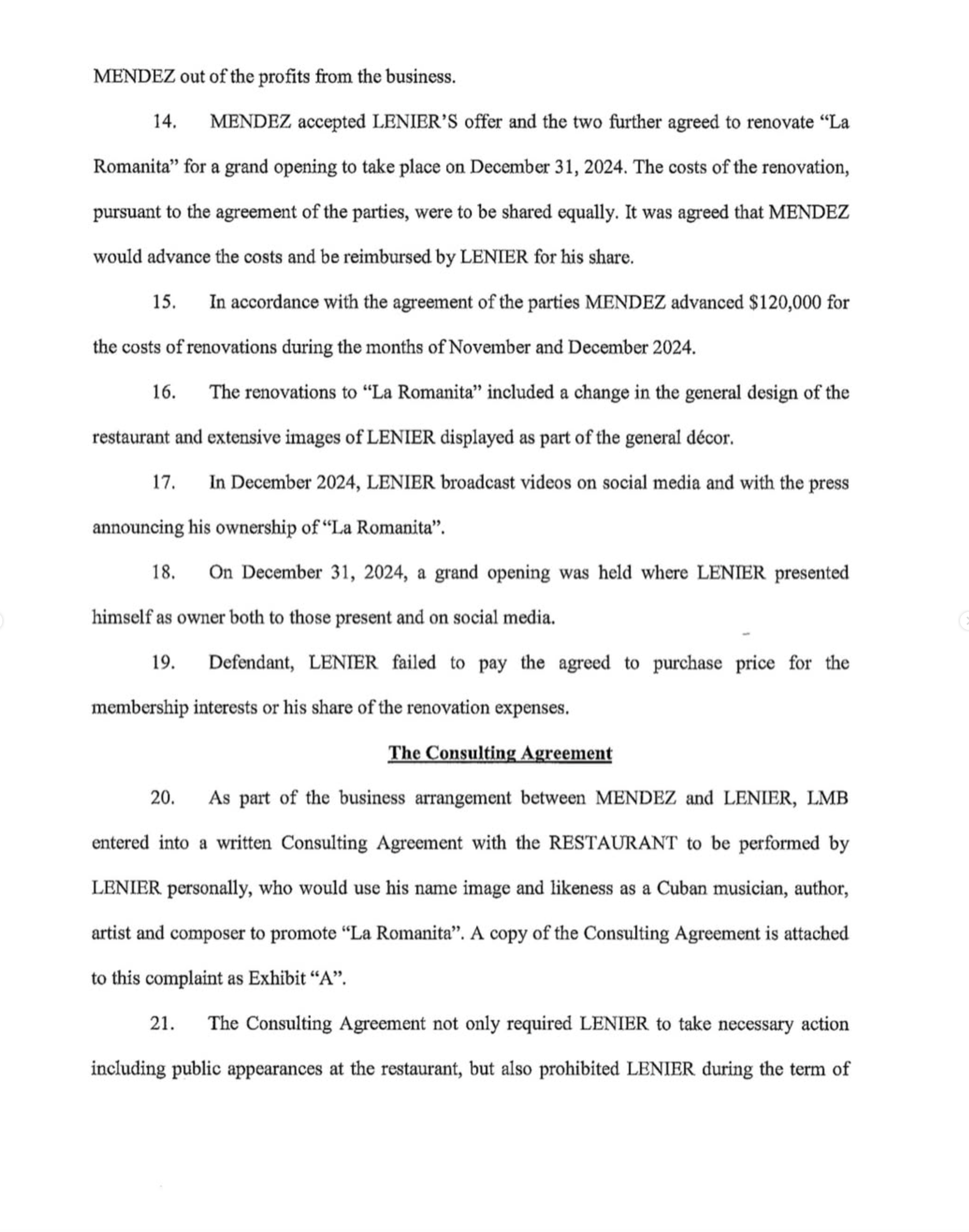 Documento de la corte de Miami-Dade de la demanda contra Lenier Mesa