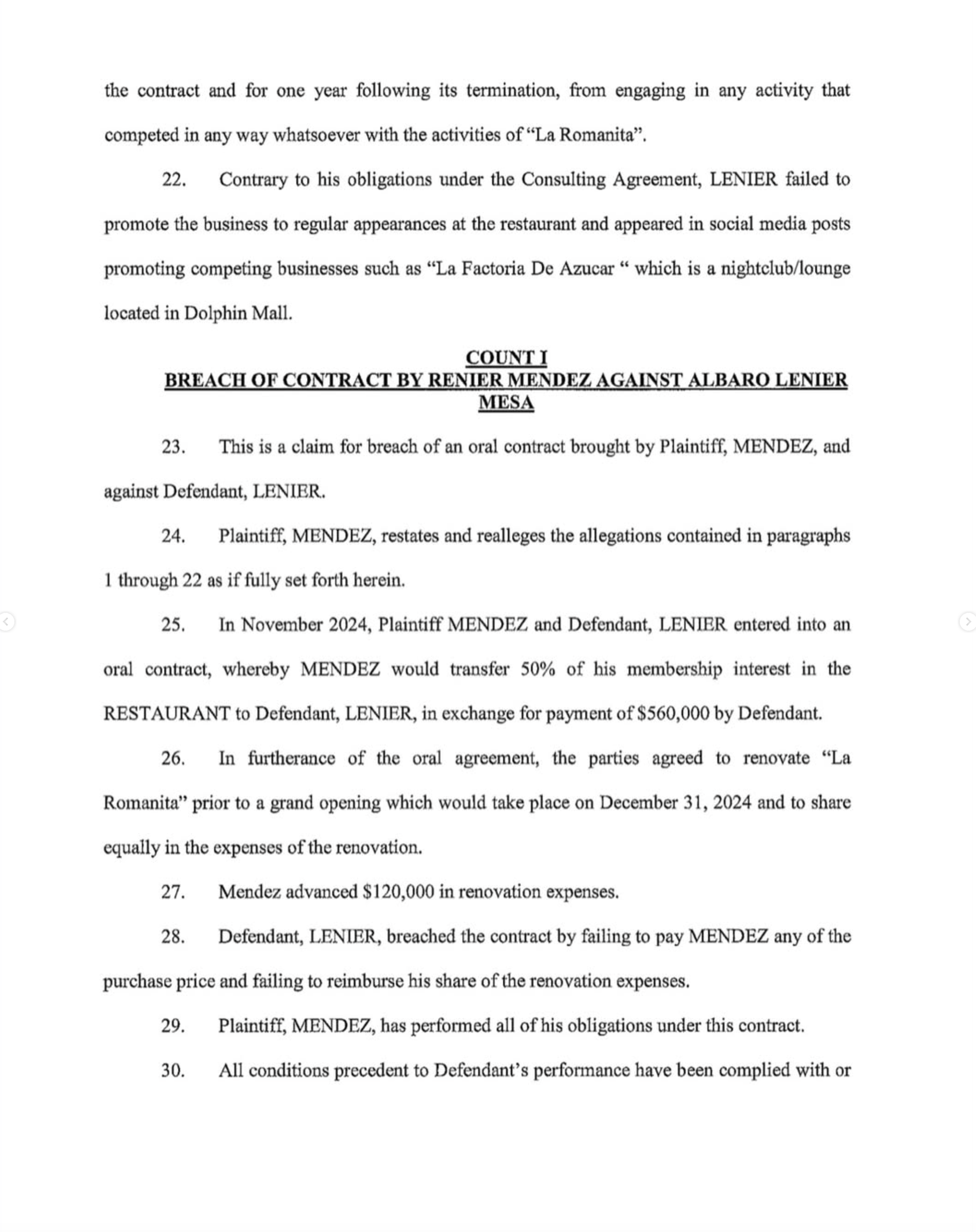 Documento de la corte de Miami-Dade de la demanda contra Lenier Mesa
