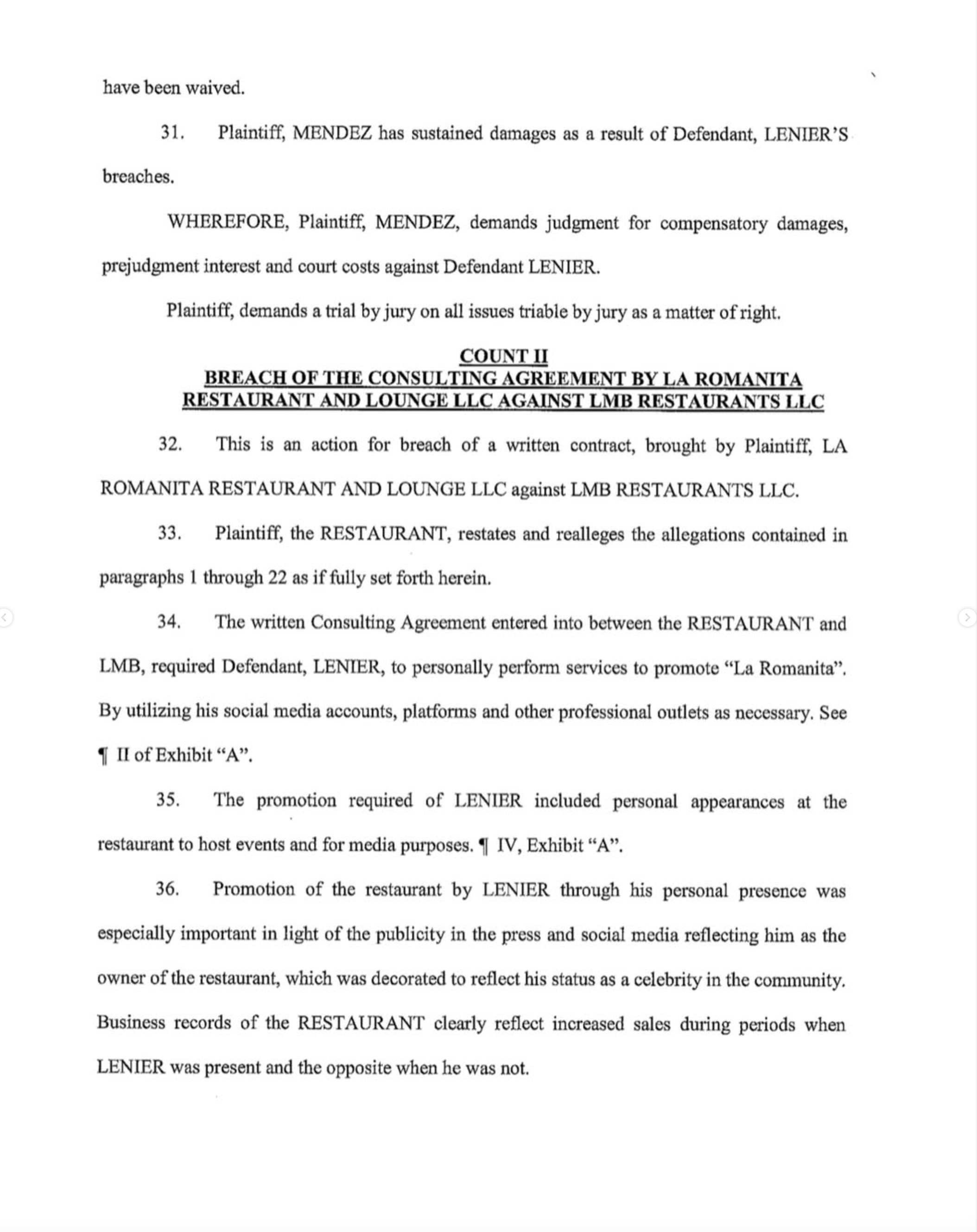 Documento de la corte de Miami-Dade de la demanda contra Lenier Mesa