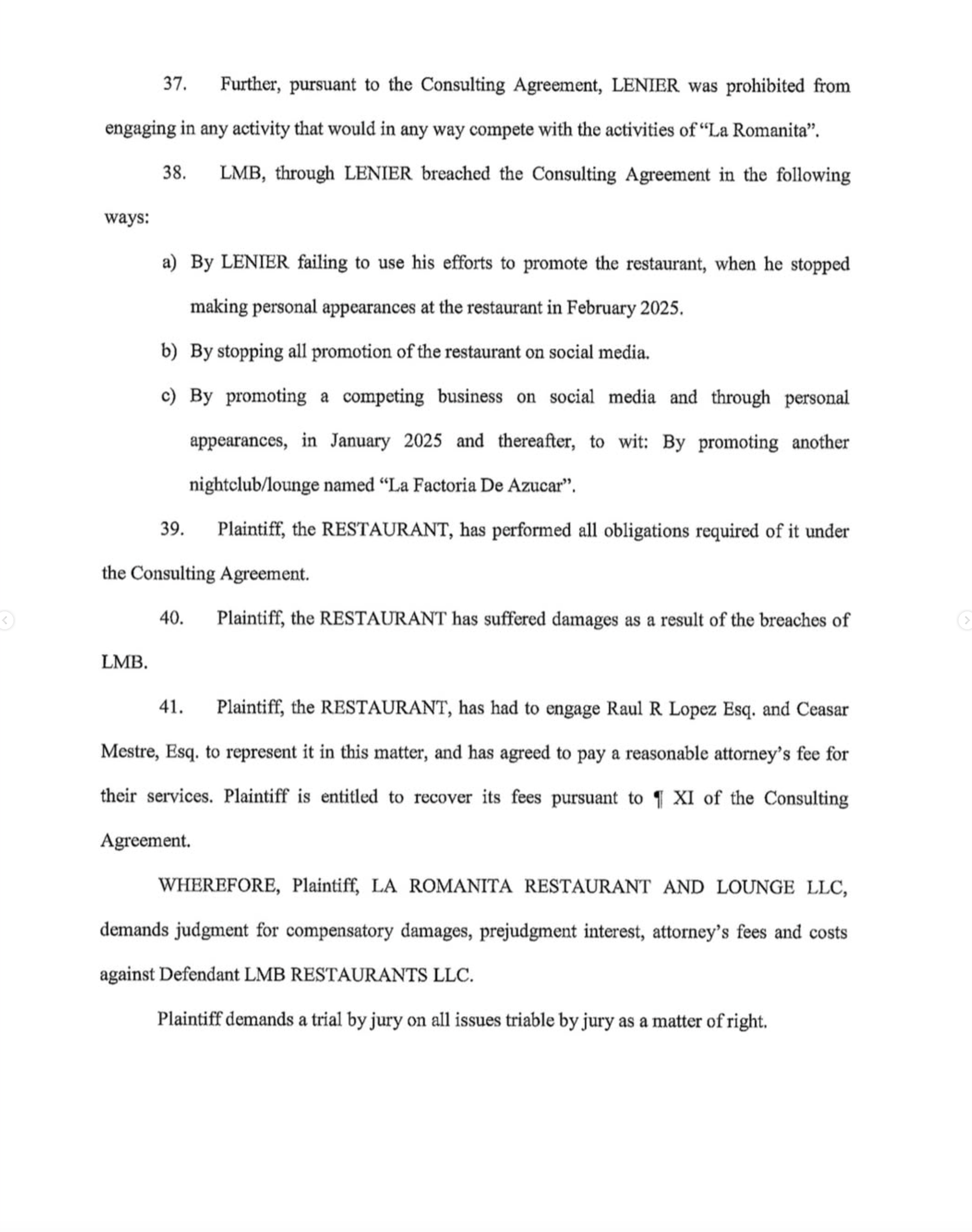 Documento de la corte de Miami-Dade de la demanda contra Lenier Mesa