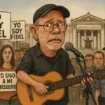 Silvio Rodríguez cantando rodeado de policías
