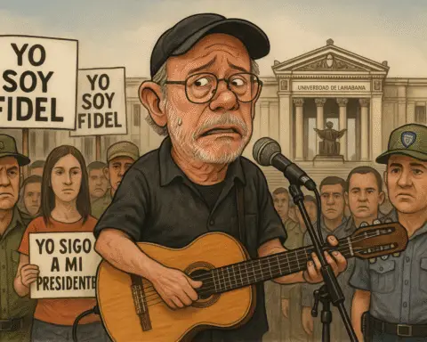 Silvio Rodríguez cantando rodeado de policías