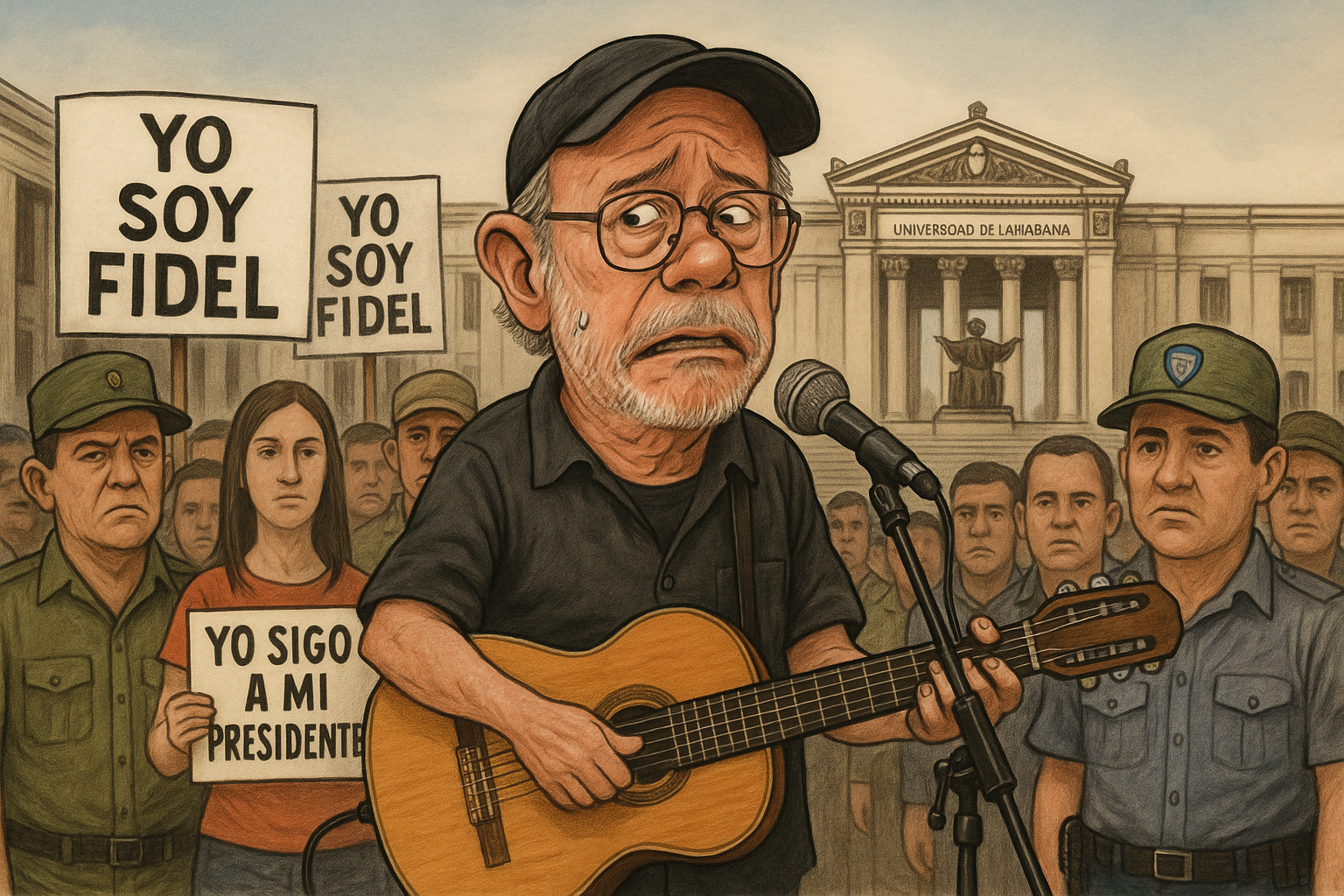 Silvio Rodríguez cantando rodeado de policías