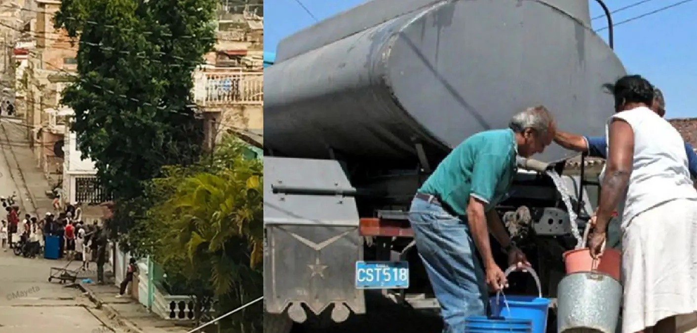 Cubanos corren detrás de una pipa de agua en Santiago de Cuba