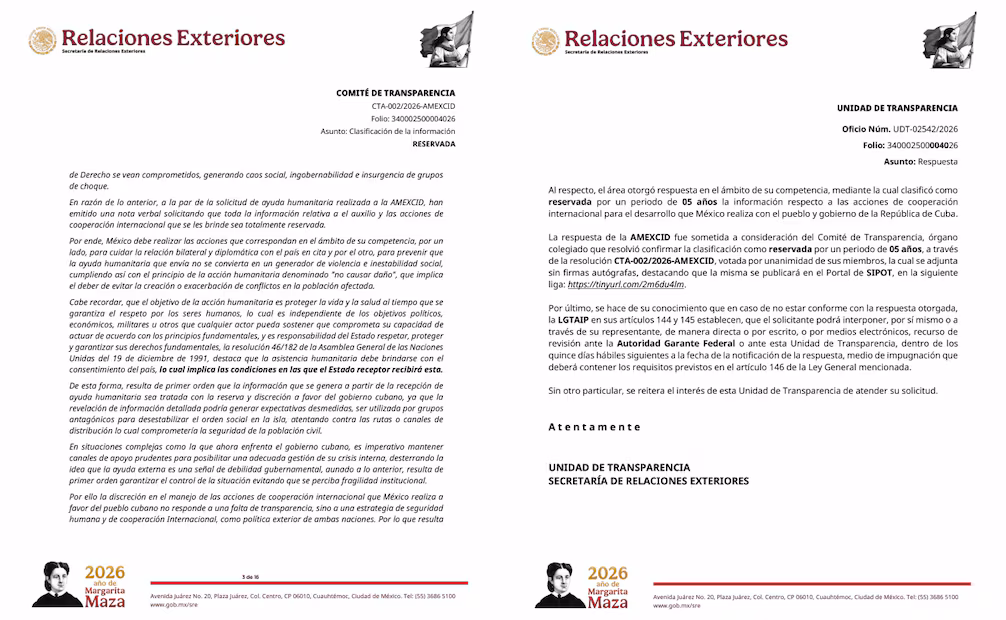 Régimen cubano pidió a México ocultar información sobre ayuda humanitaria enviada a la isla 4 Una nota diplomática enviada por el régimen cubano al gobierno de México solicitando que se mantuviera en secreto la información sobre los cargamentos de ayuda humanitaria recibidos por la isla encendió este miércoles una polémica que llegó hasta la conferencia matutina de la presidenta izquierdista Claudia Sheinbaum.